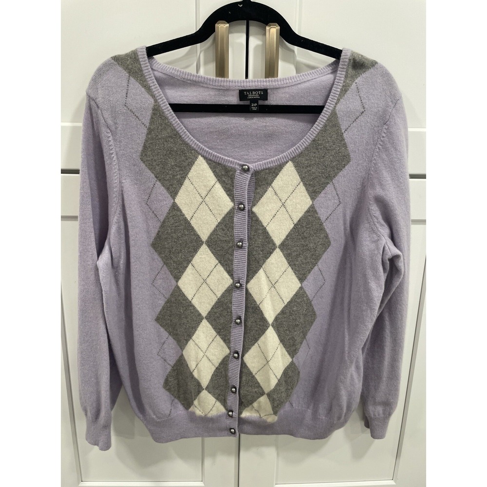 Talbots Purple Gray Lambswool Angora Rabbit Argyleโ Cardigan Sweater 2XP SI51